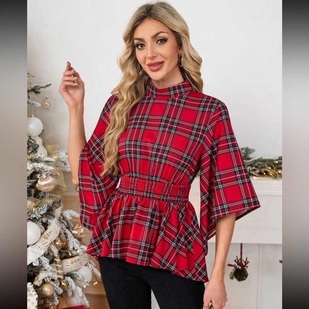 Plaid Red Flared Sleeve Shirred Waist Ruffle Hem Holiday Top